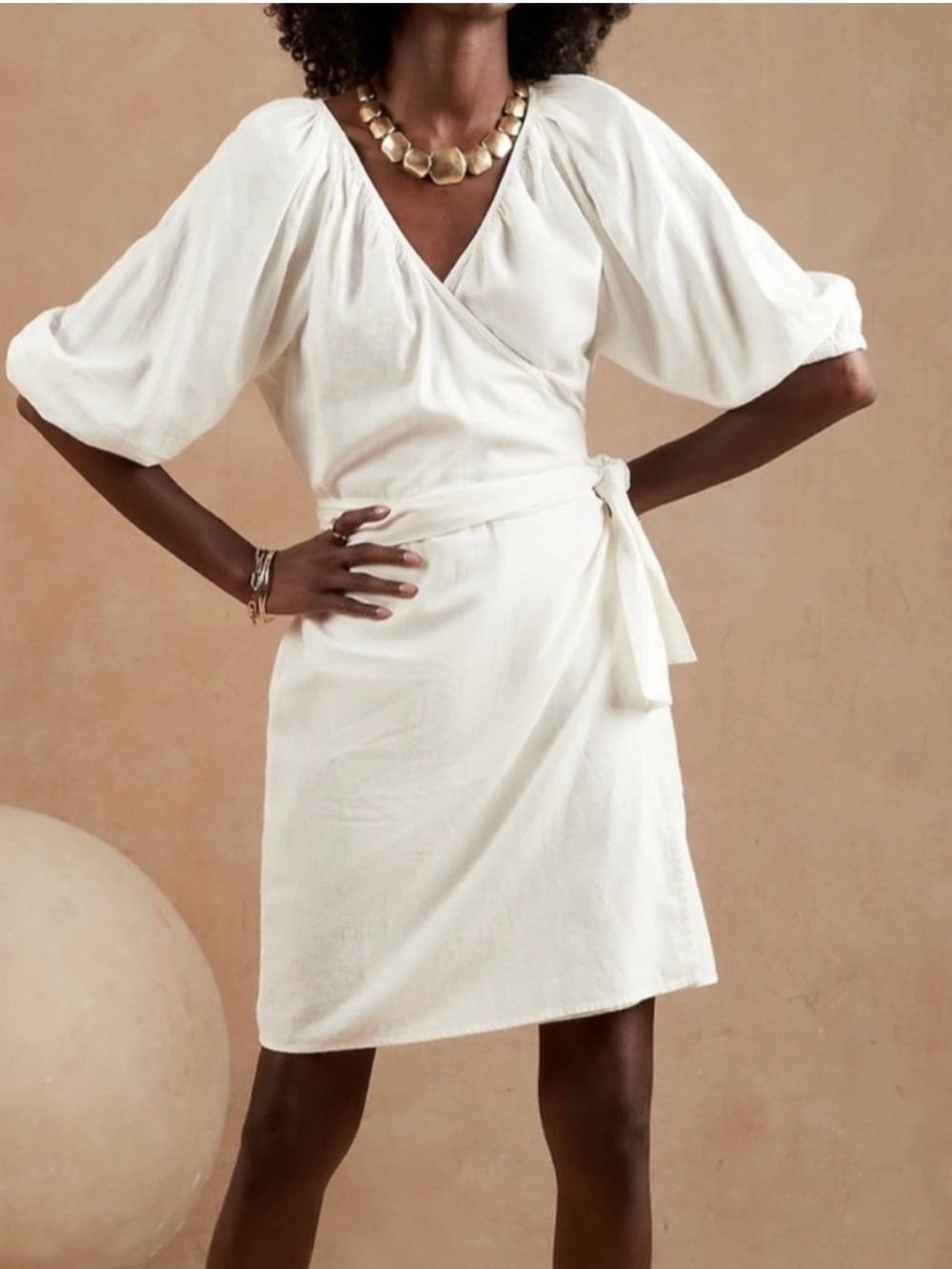 Banana Republic Linen Blend Ivory Wrap Dress